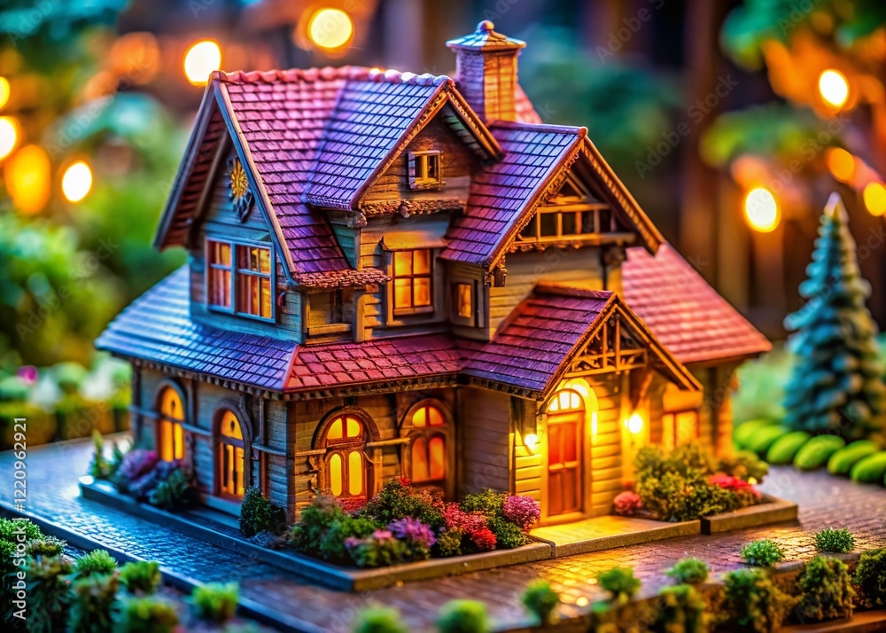 Obraz premium Macro Shot of Miniature 3D Printed House Model, Detailed Architecture, Tiny Home Design