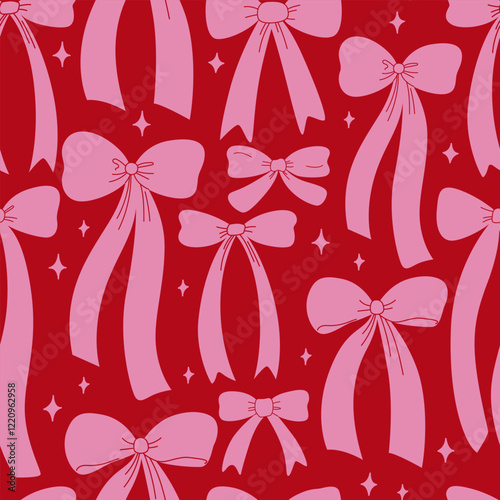 Holiday seamless pattern with various hand drawn vintage bows and stars. Vector flat background in coquette aesthetic