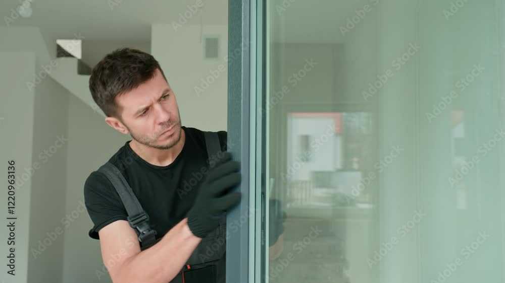Skilled worker wearing gloves uses screwdriver to fix window frame, home renovation tasks. Professional repairman adjusting white pvc windows in modern building