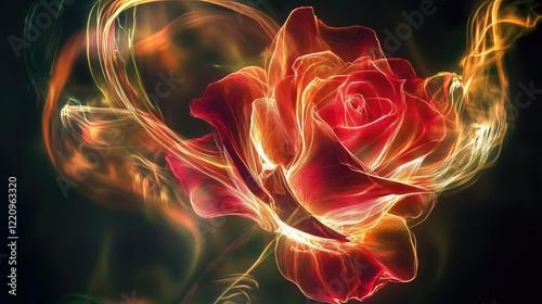 Vibrant, glowing red rose with light - like, flowing lines surrounding it, creating a mesmerizing and artistic visual. photo