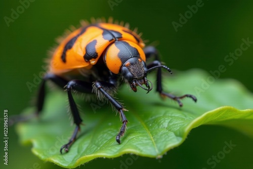 Gelbbindige furchenbiene halictus scabiosae on a leaf, nature, furrowed beetle photo