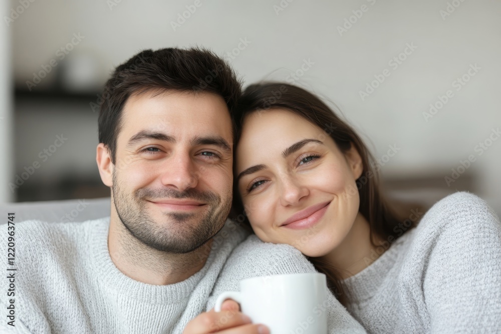 Couple enjoys cozy moment together while smiling and holding a cup in a warm indoor setting Couple enjoys cozy moment together while smiling and holding a cup in a warm indoor setting