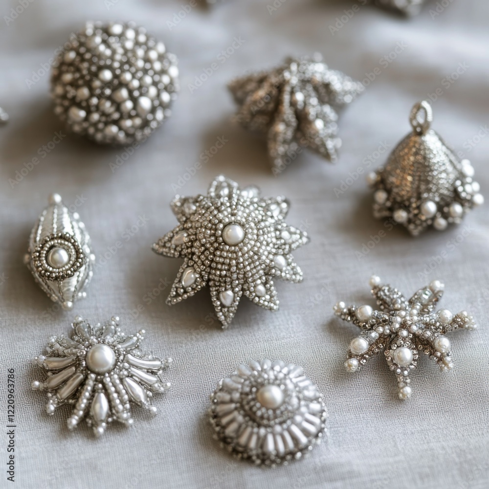 Silver beaded ornaments in various intricate shapes, shimmering elegantly on a soft neutral background Silver beaded ornaments in various intricate shapes, shimmering elegantly on a soft neutral background