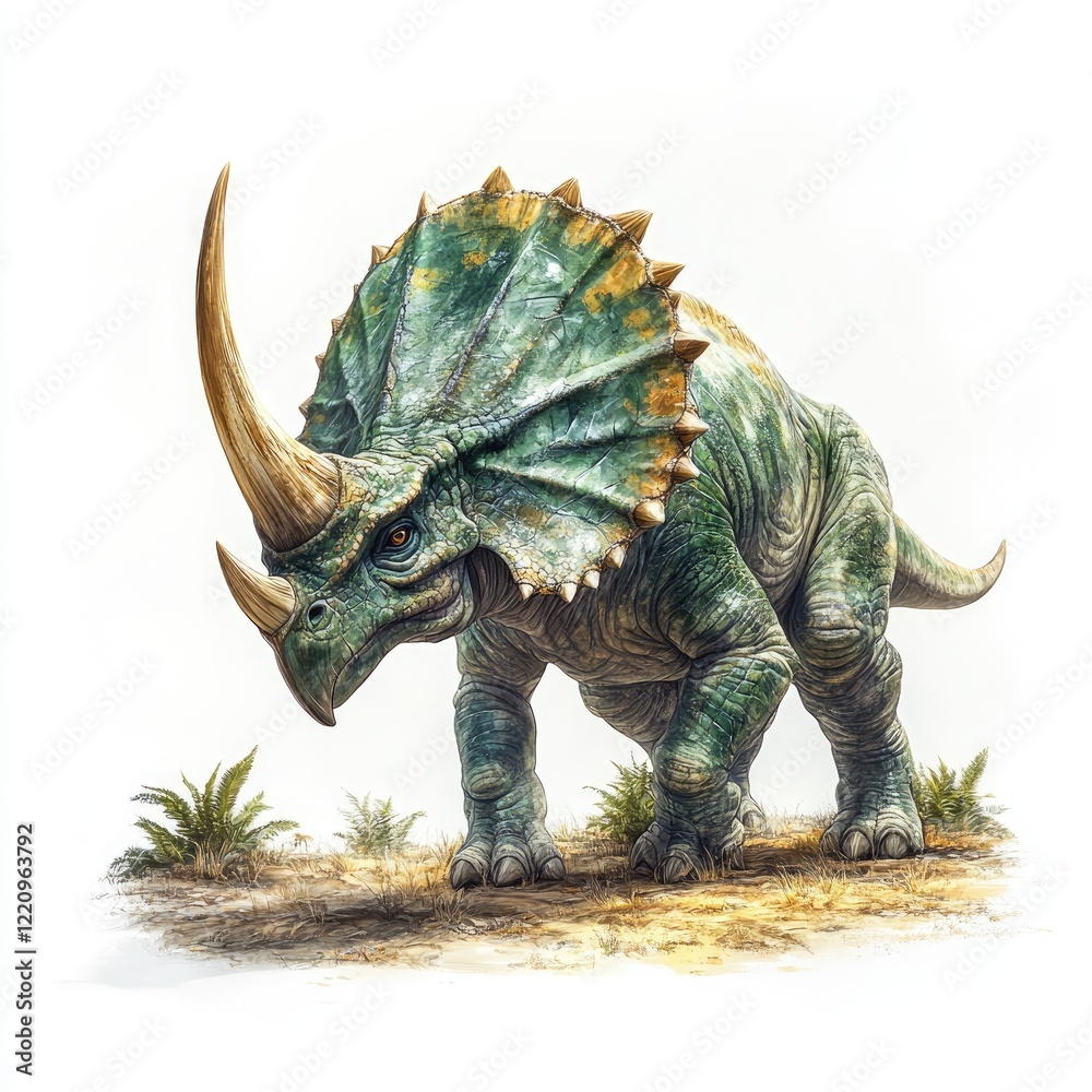 Fototapeta premium Prehistoric horned dinosaur, Jurassic period, wildlife illustration, science education