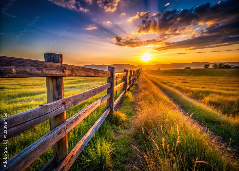 Fototapeta premium Rustic Wooden Fence Across Rolling Green Hill Landscape at Sunset - Stock Photo