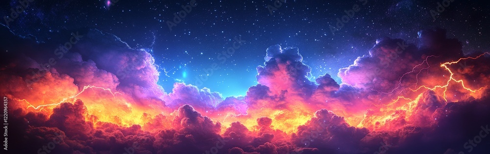 Fototapeta premium Bright neon-colored clouds with glowing lightning and stars. Perfect for dreamlike, magical, and artistic visuals.