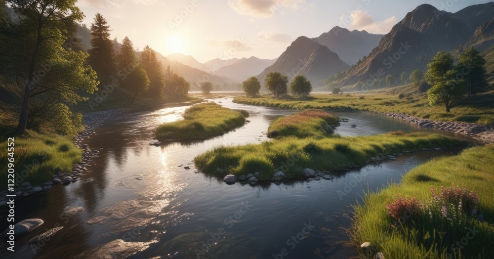 Fototapeta premium Bokeh blur of a winding river in a serene landscape, blurred, river