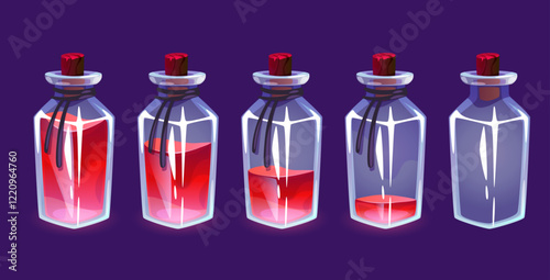 Glass bottles with varying amounts magic elixir. Red liquid, full and empty jar. Game ui isolated interface objects. Love and life wizard potion. Alchemy vial. Witch spell drink. Vector set