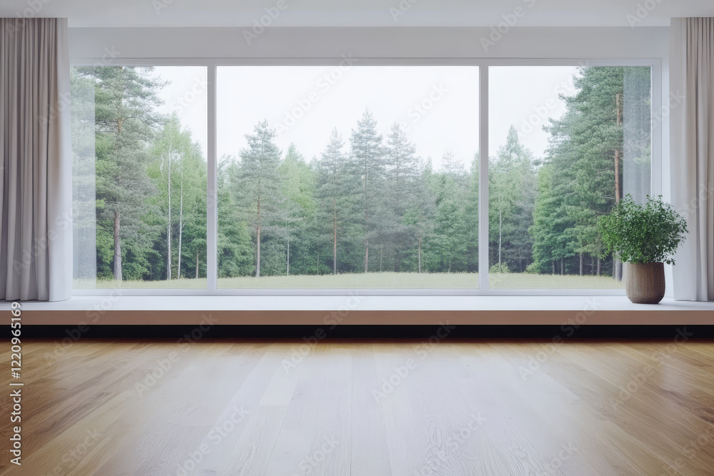 Fototapeta premium Large window with a view of a serene forest landscape in a modern interior setting