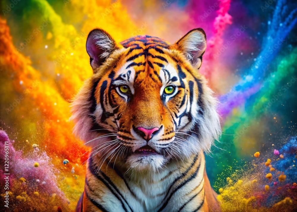 Fototapeta premium Majestic Bengal Tiger in Holi Festival Rainbow Powder Explosion - Vibrant Indian Celebration Banner