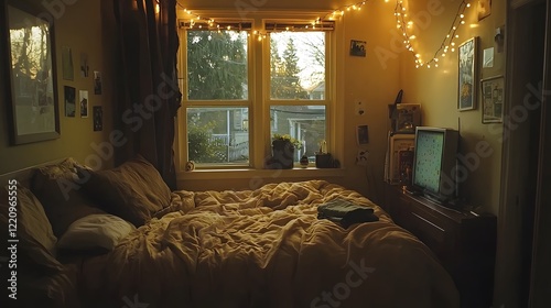 A Cozy and Warm Bedroom Featuring Layered Neutral Bedding and Soothing String Lights Above the Headboard photo