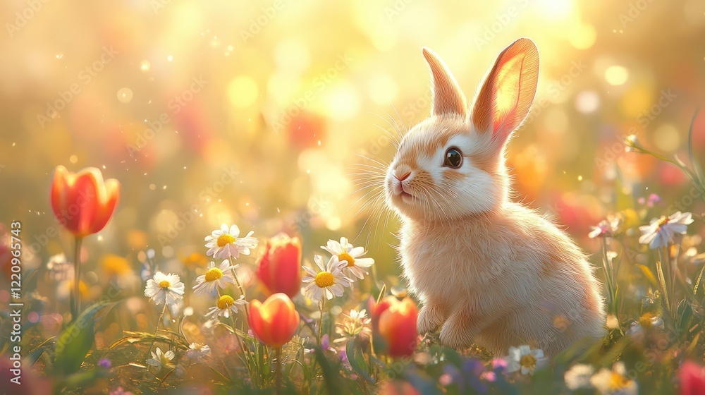 Fototapeta premium A bunny hopping joyfully among colorful tulips and wildflowers in a sunny meadow