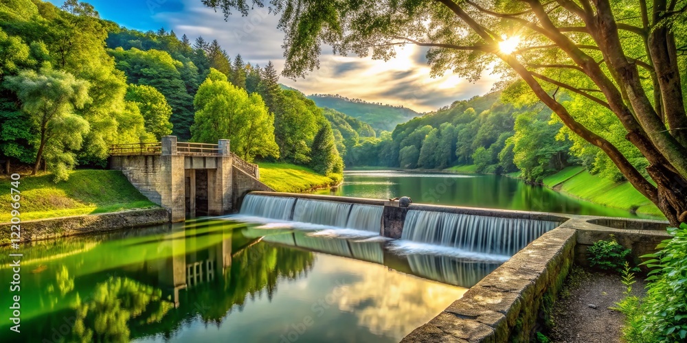 Majestic Dam in Lush Park Landscape - High Resolution Stock Photo Majestic Dam in Lush Park Landscape - High Resolution Stock Photo