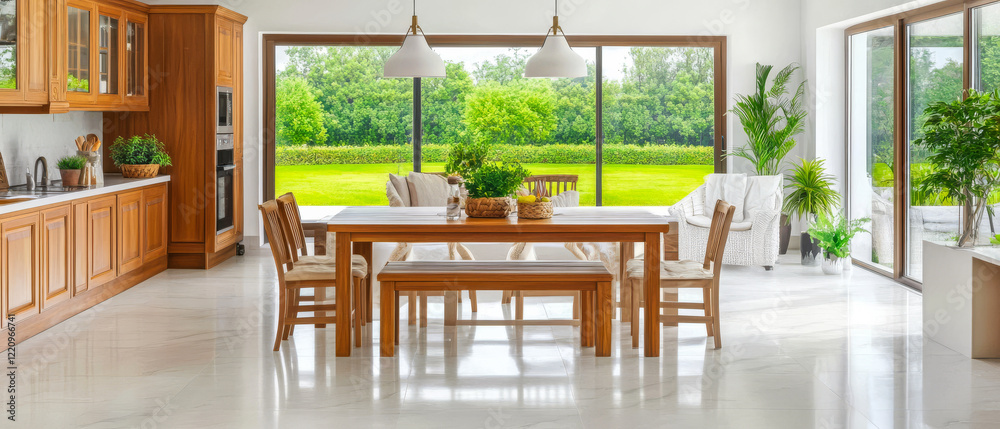 Obraz premium Modern kitchen and dining area with large windows and scenic view of greenery outside