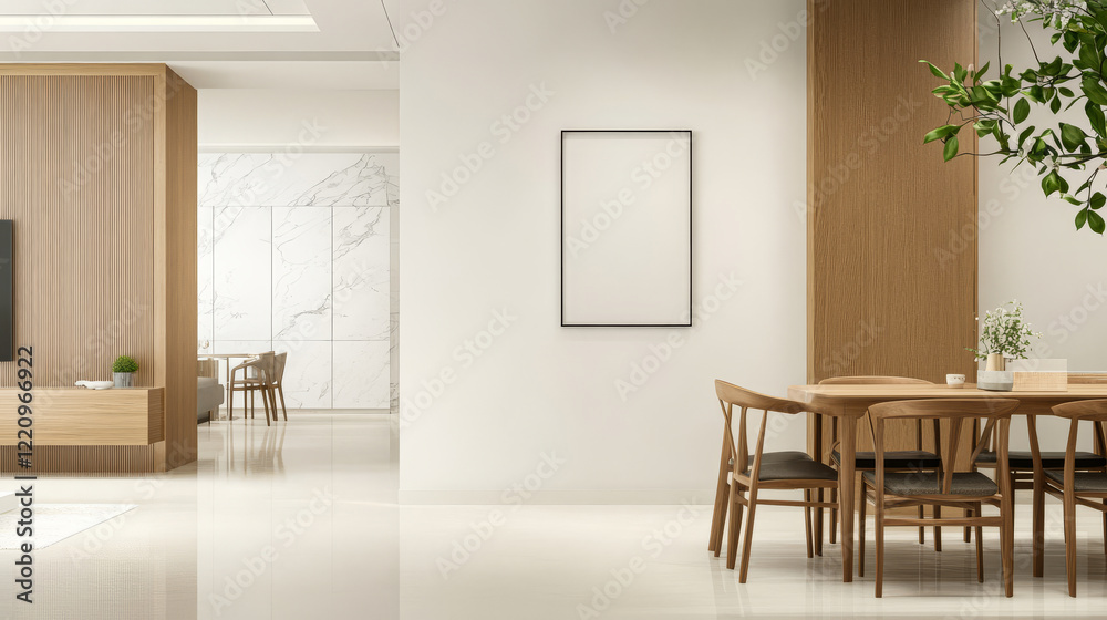 Fototapeta premium Modern minimalist dining area featuring natural wood and neutral tones in a spacious home