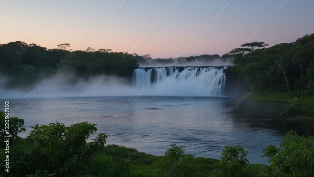 Serene Waterfall Surrounded by Dense Forest Under a Pastel Sky Serene Waterfall Surrounded by Dense Forest Under a Pastel Sky