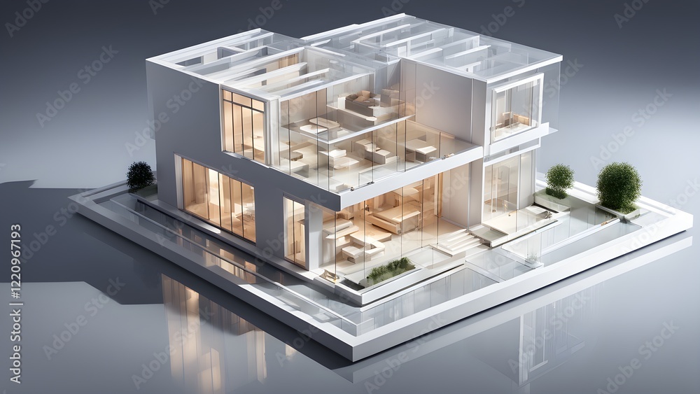 Architectural model of a modern, glass-fronted house with an open floor plan and outdoor terrace, reflecting on a glossy surface. Architectural model of a modern, glass-fronted house with an open floor plan and outdoor terrace, reflecting on a glossy surface.