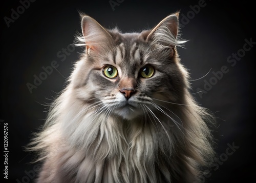 Majestic Fluffy Grey Cat Portrait: Sunlit Fur, Black Background