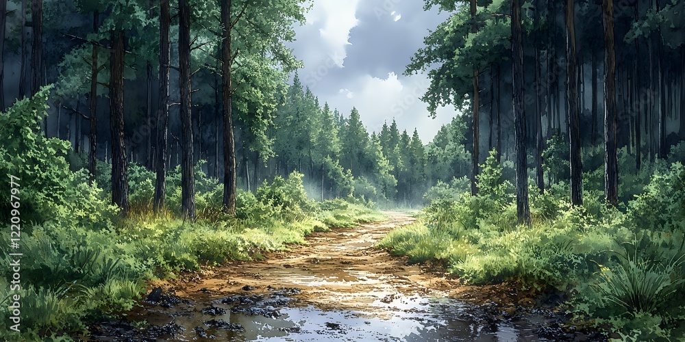 Obraz premium A serene forest path meanders through tall trees, with vibrant greenery surrounding a muddy trail. Soft light filters through clouds, creating a peaceful atmosphere.