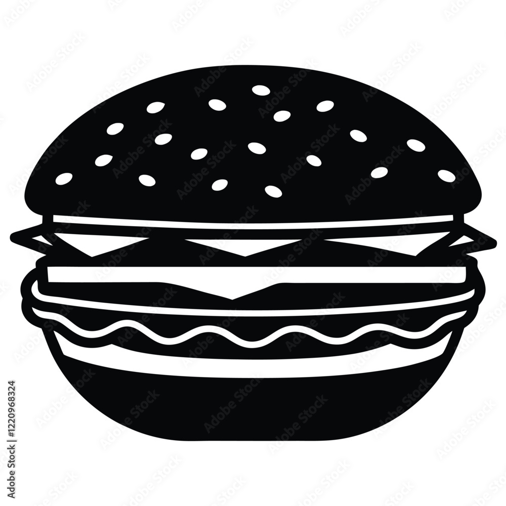 Simple Black and White Illustration of a Classic Cheeseburger Simple Black and White Illustration of a Classic Cheeseburger