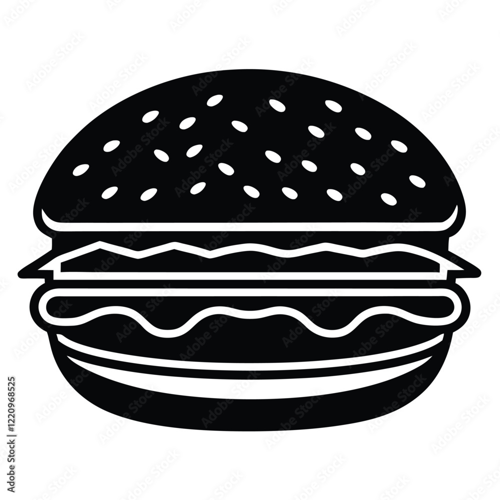 Simple Black and White Illustration of a Classic Cheeseburger Simple Black and White Illustration of a Classic Cheeseburger