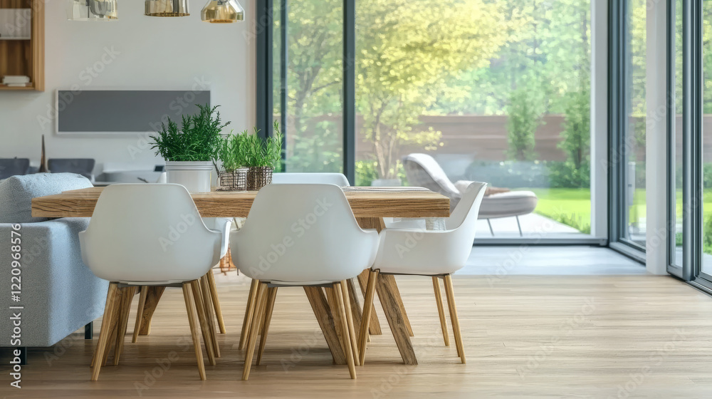 Fototapeta premium Elegant dining area with modern furniture and natural light in a contemporary home