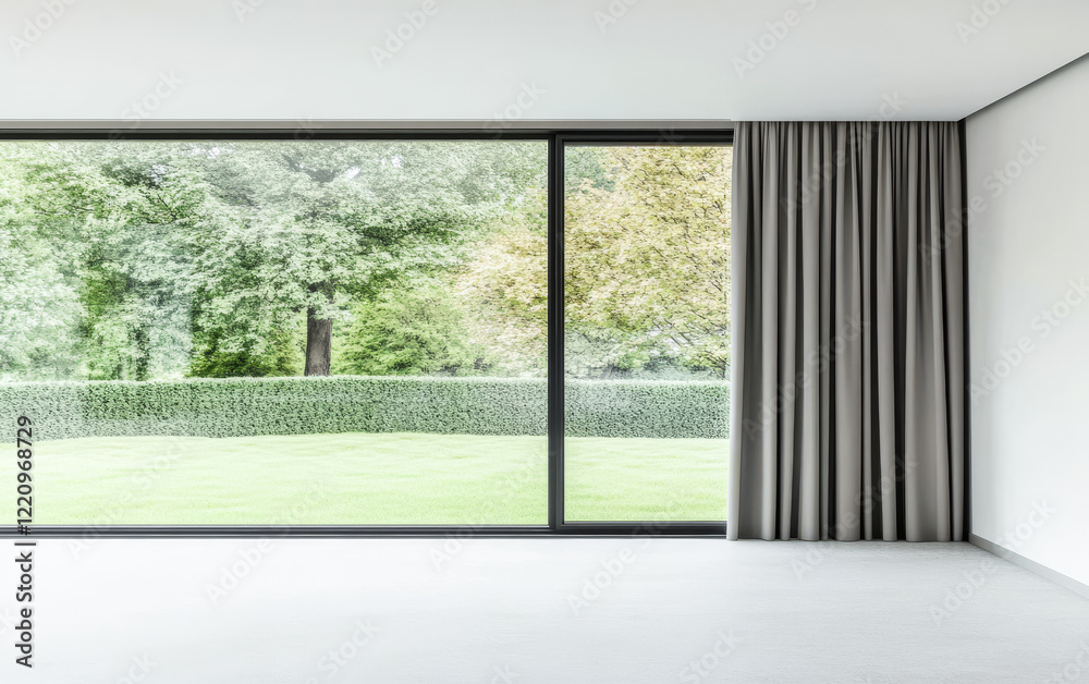 Fototapeta premium Modern living room with large window showcasing green garden and serene landscape