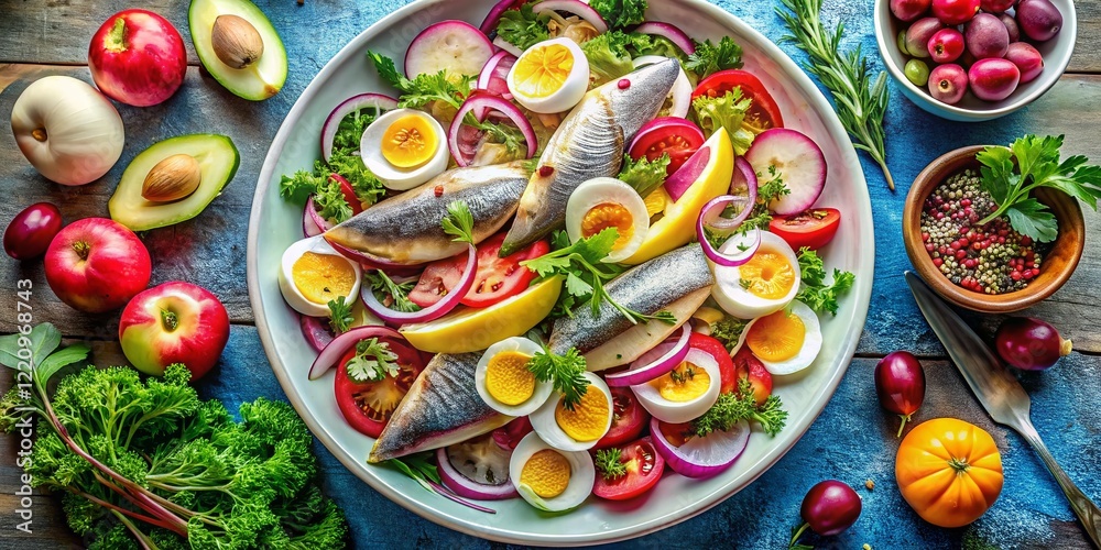 Fototapeta premium Scandinavian Herring Salad: Top View Flat Lay of Kosher Apple, Red Onion & Egg Dish