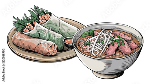 hand-drawn illustration Vietnamese fresh spring rolls and a bowl of beef noodles