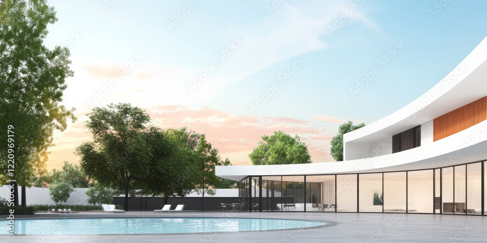 Fototapeta premium Modern architecture featuring a sleek swimming pool and lush landscaping at dusk