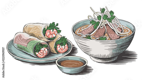 hand-drawn illustration Vietnamese fresh spring rolls and a bowl of beef noodles