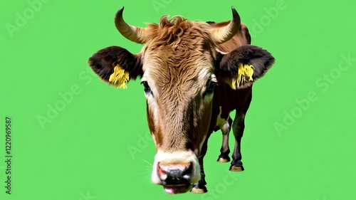 Cow Chewing isolated on a green screen. Cartoon black white cow animal walking on green background. backdrop. Farm animals on chroma key backdrop. Character animation. Farming or agriculture. 4K video