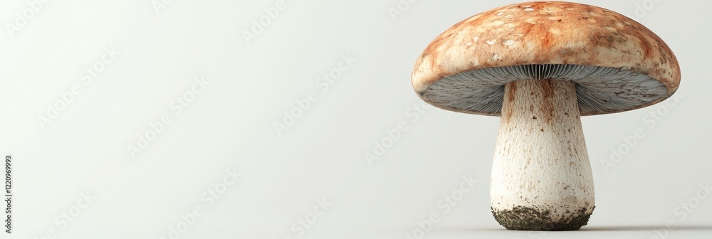 Large Textured Mushroom with Brown Cap and White Stem on Neutral Background Large Textured Mushroom with Brown Cap and White Stem on Neutral Background
