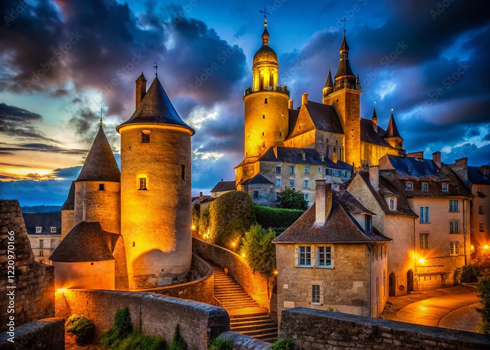 Fototapeta premium Semur-en-Auxois: Low Light Gothic Towers, Night Photography, France