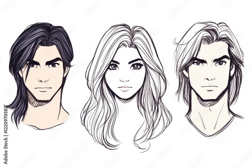 Three drawings of people with different hair styles Three drawings of people with different hair styles