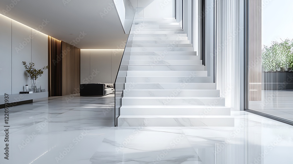 Fototapeta premium Modern Minimalist Interior Design: Elegant White Marble Staircase and Flooring in Luxurious Home