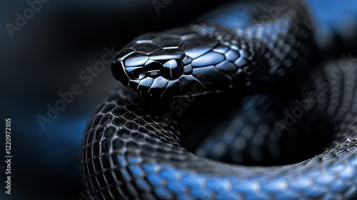 Black Mamba on Rocky Terrain: A sleek black mamba slithering across a rocky outcrop, its metallic sheen reflecting the afternoon sun. Reptile. Wildlife. Snakes.