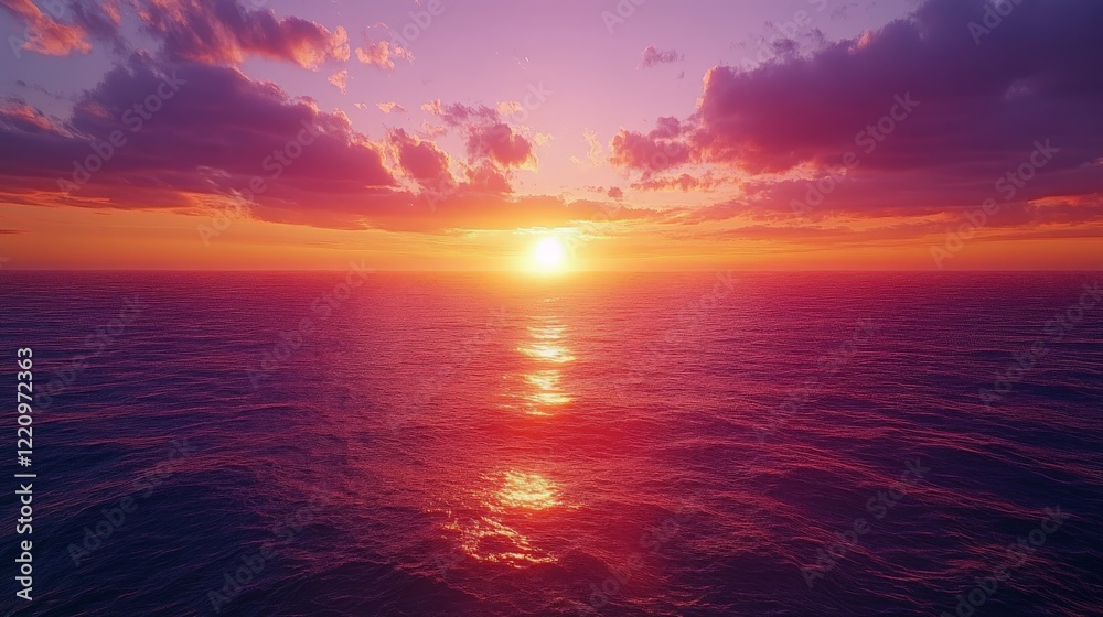 Fototapeta premium A stunning sunset over the ocean with vibrant colors. Great for themes of tranquility, nature, and relaxation.