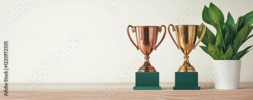 Two shiny trophies sit on a wooden table beside a green plant, symbolizing achievement and success in a minimalist setting. photo