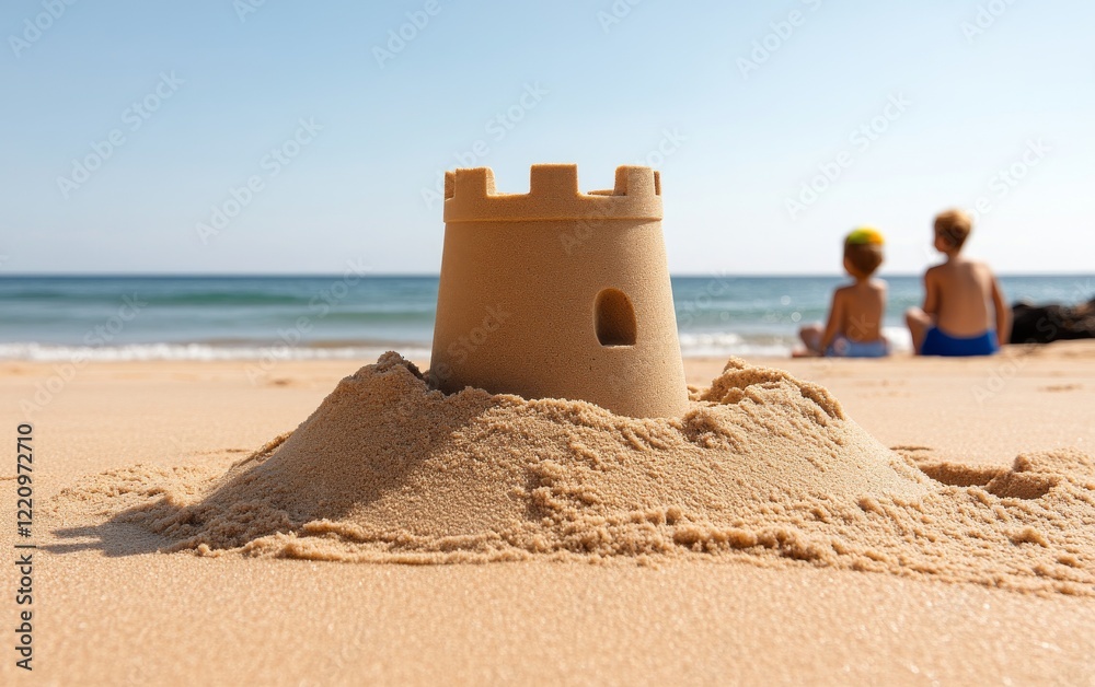 A sandcastle stands on a beach, with children sitting in the background, enjoying a sunny day by the ocean. A sandcastle stands on a beach, with children sitting in the background, enjoying a sunny day by the ocean.