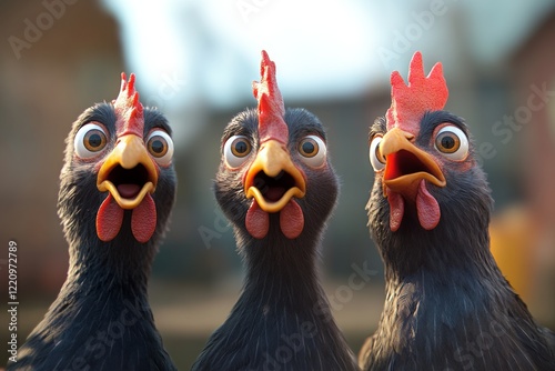 Three surprised chickens: close-up of curious expressions in a barnyard setting