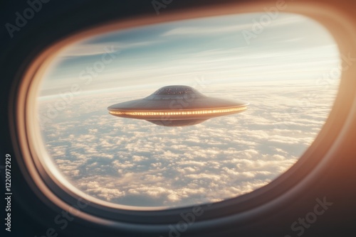 Capture of a futuristic ufo through an airplane window soaring above the clouds at sunset
