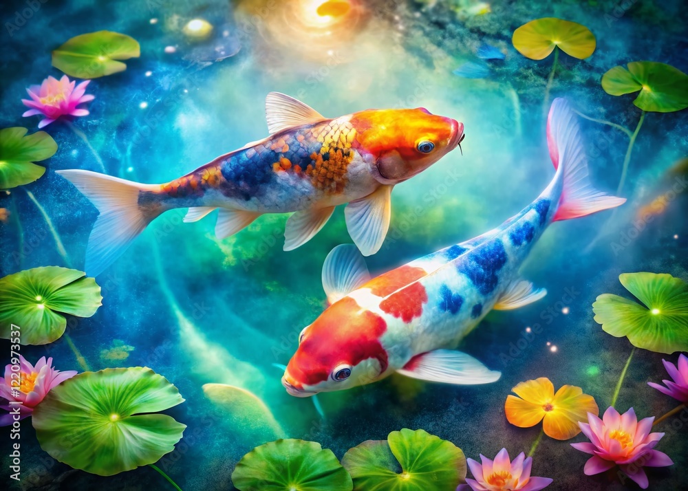 Fototapeta premium Serene Koi Pond: Double Exposure Watercolor Art Stock Photo