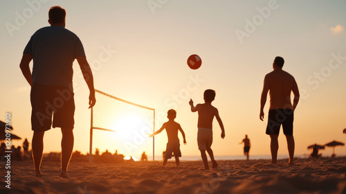 Silhouettes of adults and children play beach volleyball at sunset, capturing a joyful moment of family fun and camaraderie by the shore.