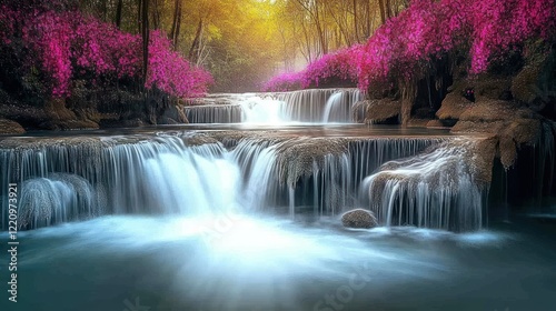 Serene Waterfall Cascading Through Lush Pink Blossoms