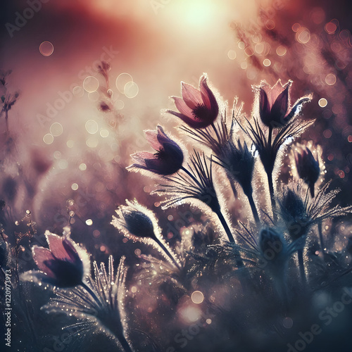 Dramatic close-up of dew-kissed wildflowers at dawn creating a nostalgic and ethereal vibe with soft pastel hues
 photo