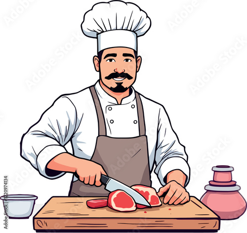 Chef slicing red meat on wooden cutting board