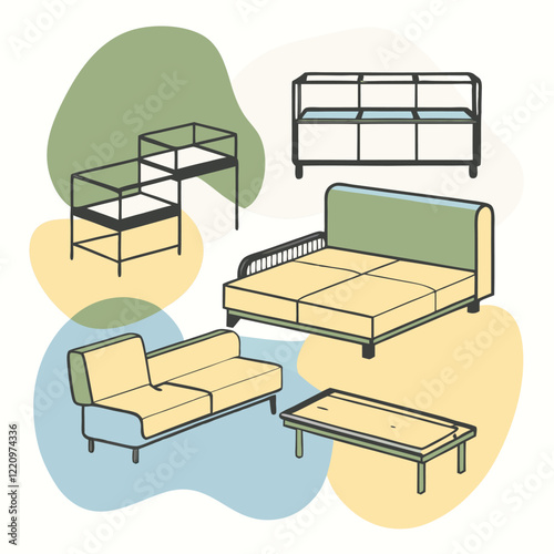 A vector silhouette of multi-functional furniture pieces designed to be rearranged into various configurations 