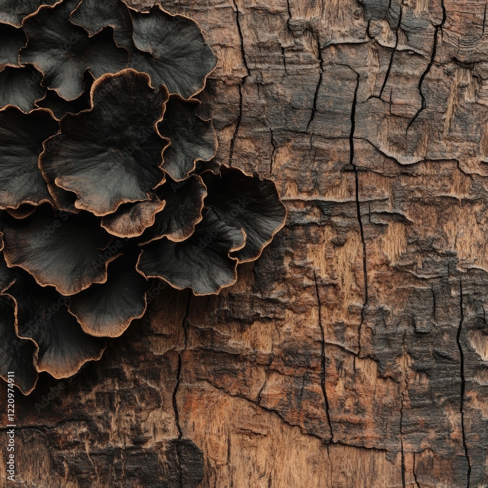 Realistic Depiction of Black Fungus Growing on Tree Bark Surface