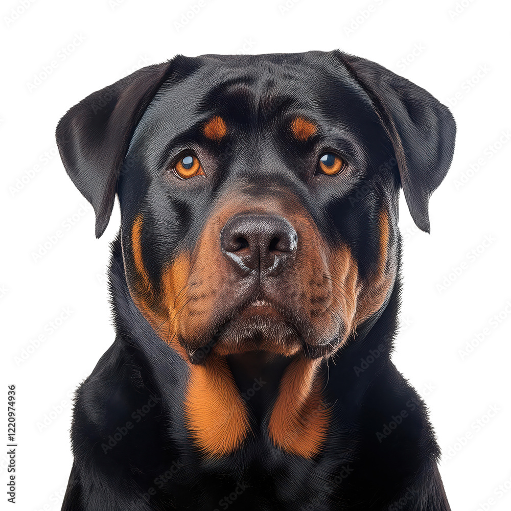 Portrait of a Rottweiler with intense expression and striking fur patterns. Portrait of a Rottweiler with intense expression and striking fur patterns.